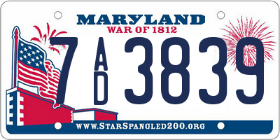 MD license plate 7AD3839
