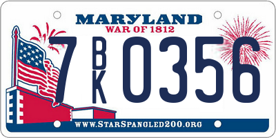 MD license plate 7BK0356