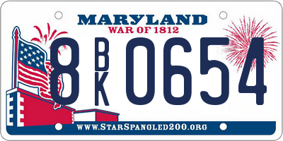 MD license plate 8BK0654