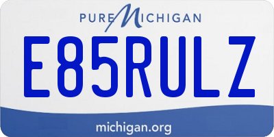 MI license plate E85RULZ