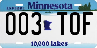 MN license plate 003TOF