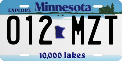 MN license plate 012MZT