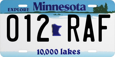 MN license plate 012RAF
