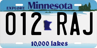 MN license plate 012RAJ