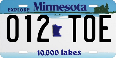 MN license plate 012TOE