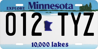 MN license plate 012TYZ
