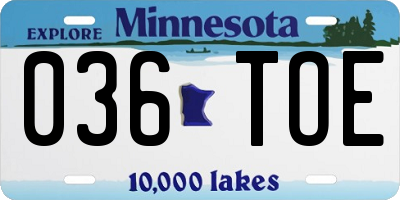 MN license plate 036TOE