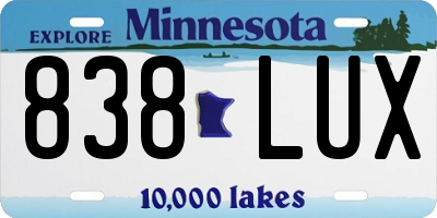 MN license plate 838LUX