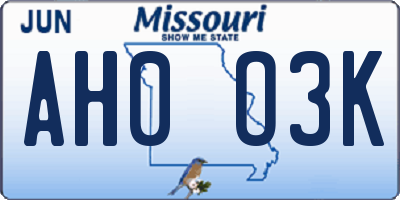 MO license plate AH0O3K