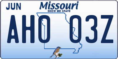 MO license plate AH0O3Z