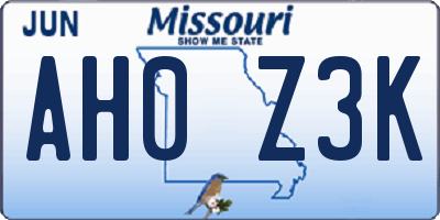 MO license plate AH0Z3K