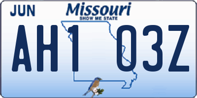 MO license plate AH1O3Z