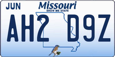 MO license plate AH2D9Z