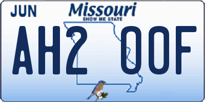 MO license plate AH2O0F