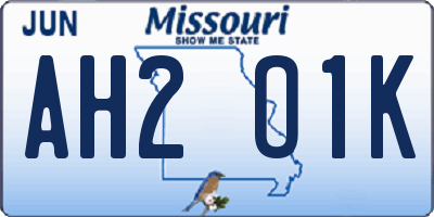MO license plate AH2O1K