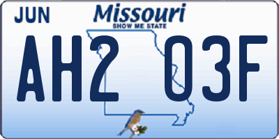 MO license plate AH2O3F