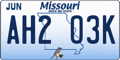 MO license plate AH2O3K