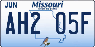 MO license plate AH2O5F