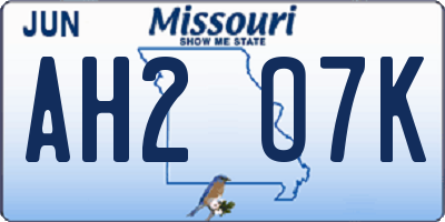 MO license plate AH2O7K