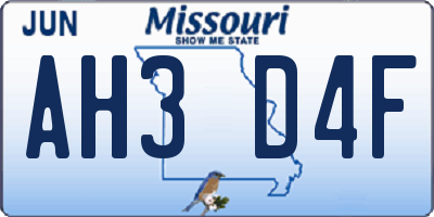 MO license plate AH3D4F