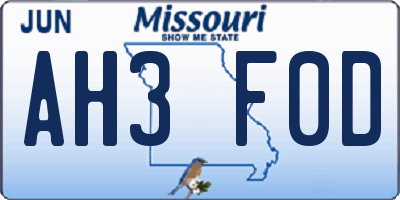 MO license plate AH3F0D