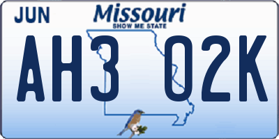 MO license plate AH3O2K