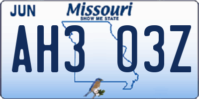 MO license plate AH3O3Z