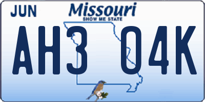 MO license plate AH3O4K