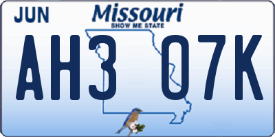 MO license plate AH3O7K