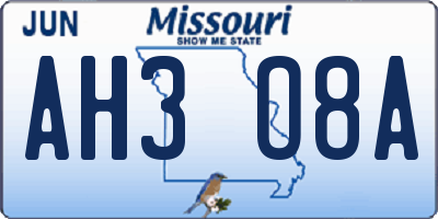MO license plate AH3O8A