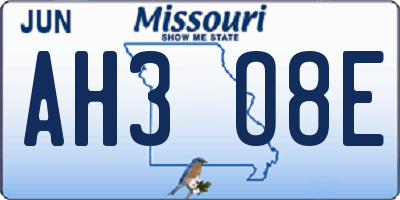MO license plate AH3O8E