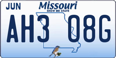 MO license plate AH3O8G