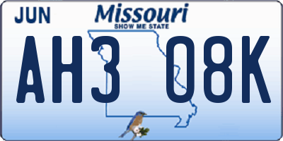 MO license plate AH3O8K