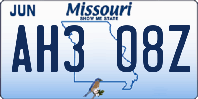 MO license plate AH3O8Z