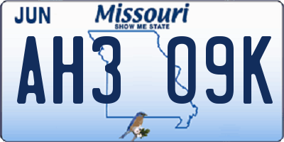 MO license plate AH3O9K