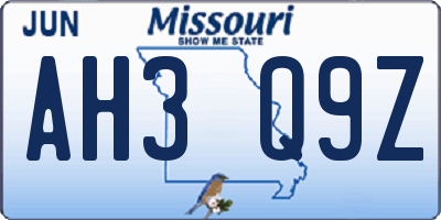 MO license plate AH3Q9Z