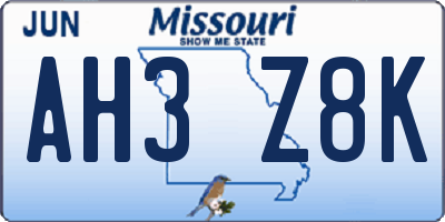 MO license plate AH3Z8K