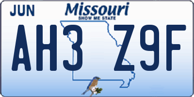 MO license plate AH3Z9F