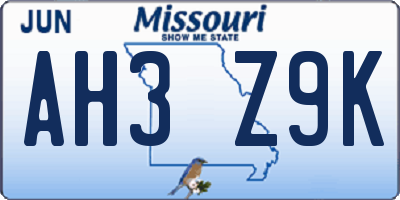 MO license plate AH3Z9K