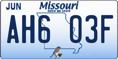 MO license plate AH6O3F