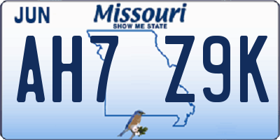 MO license plate AH7Z9K