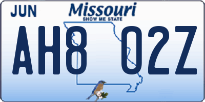 MO license plate AH8O2Z