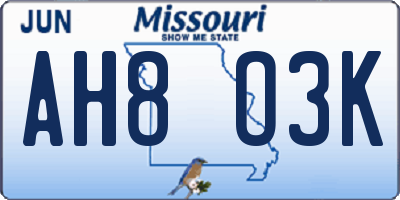 MO license plate AH8O3K