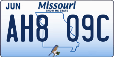 MO license plate AH8O9C