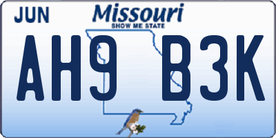 MO license plate AH9B3K