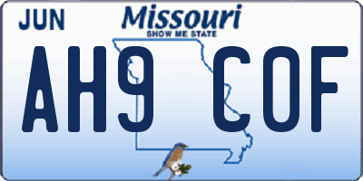 MO license plate AH9C0F
