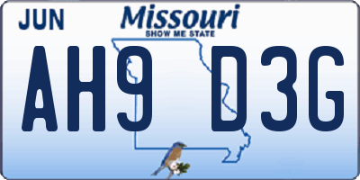 MO license plate AH9D3G