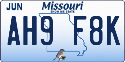 MO license plate AH9F8K