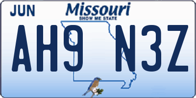 MO license plate AH9N3Z