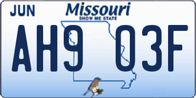 MO license plate AH9O3F